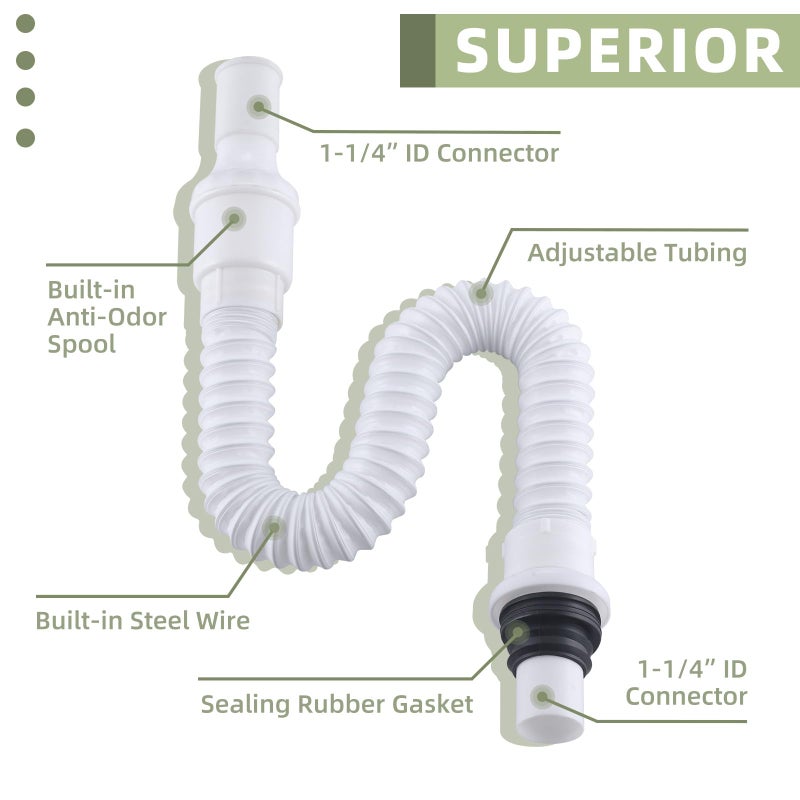 Angle Simple Sink Drain Hose, Plastic Flexible Bathroom Drain Pipe Extender, 1 1/4" OD, Length of 17 1/2" to 35 1/4" - Image 5